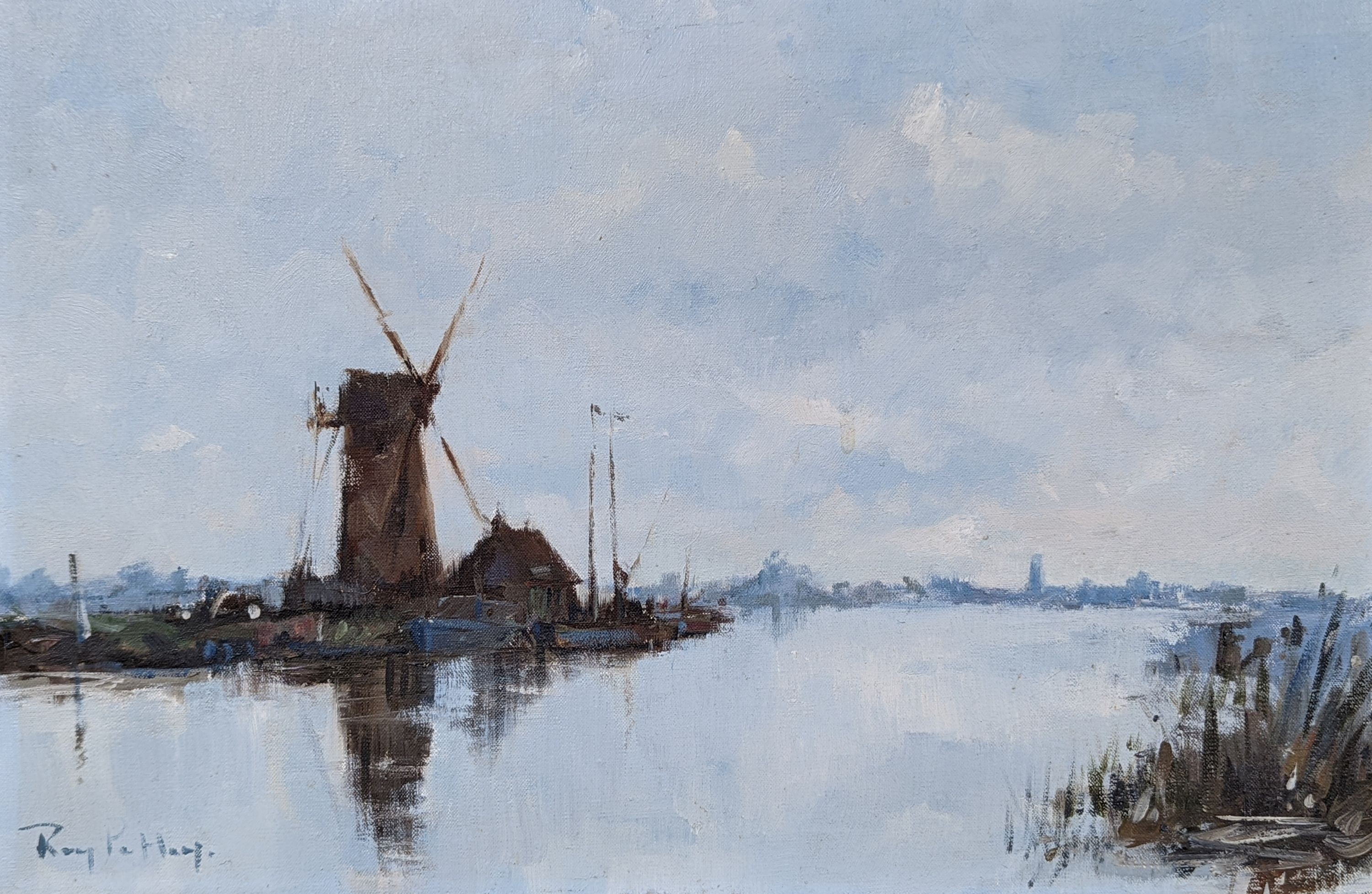 Roy Petley (1950-), oil on canvas, Windmill on Norfolk Broads, signed, 30 x 45cm